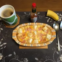 Yummy!万能クッキングたれ・コリアンホットを使ったオートミール餅グラタン、ホットコーヒー、バナナ(朝ご飯)|enarinさん