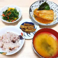 2025 0502　鯖のみぞれ煮　若芽ひじきとカラーピーマンのナムル　新ごぼうの甘辛ごま炒め　玉ねぎとわかめのお味噌汁|いもこ。さん