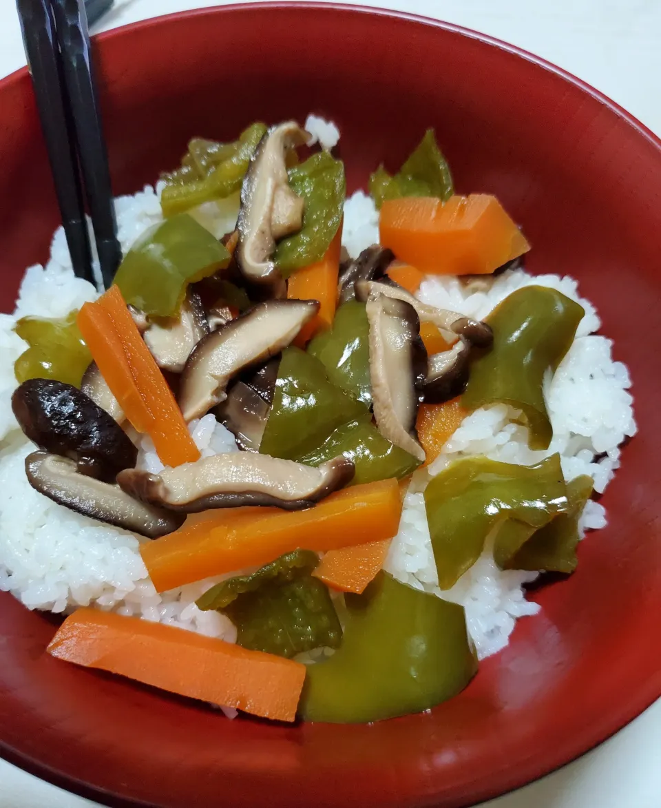 人参椎茸ピーマン煮物丼|しんさん