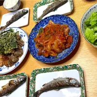 虹鱒塩焼き、虹鱒の唐揚げ、こんにゃく唐揚げ、ポークチャップ、こごみの天ぷら、グリーンサラダ|もーやんさん