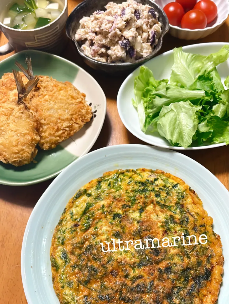＊アジフライと紫にんじんおからサラダ、あおさオムレツ♪＊|ultramarineさん