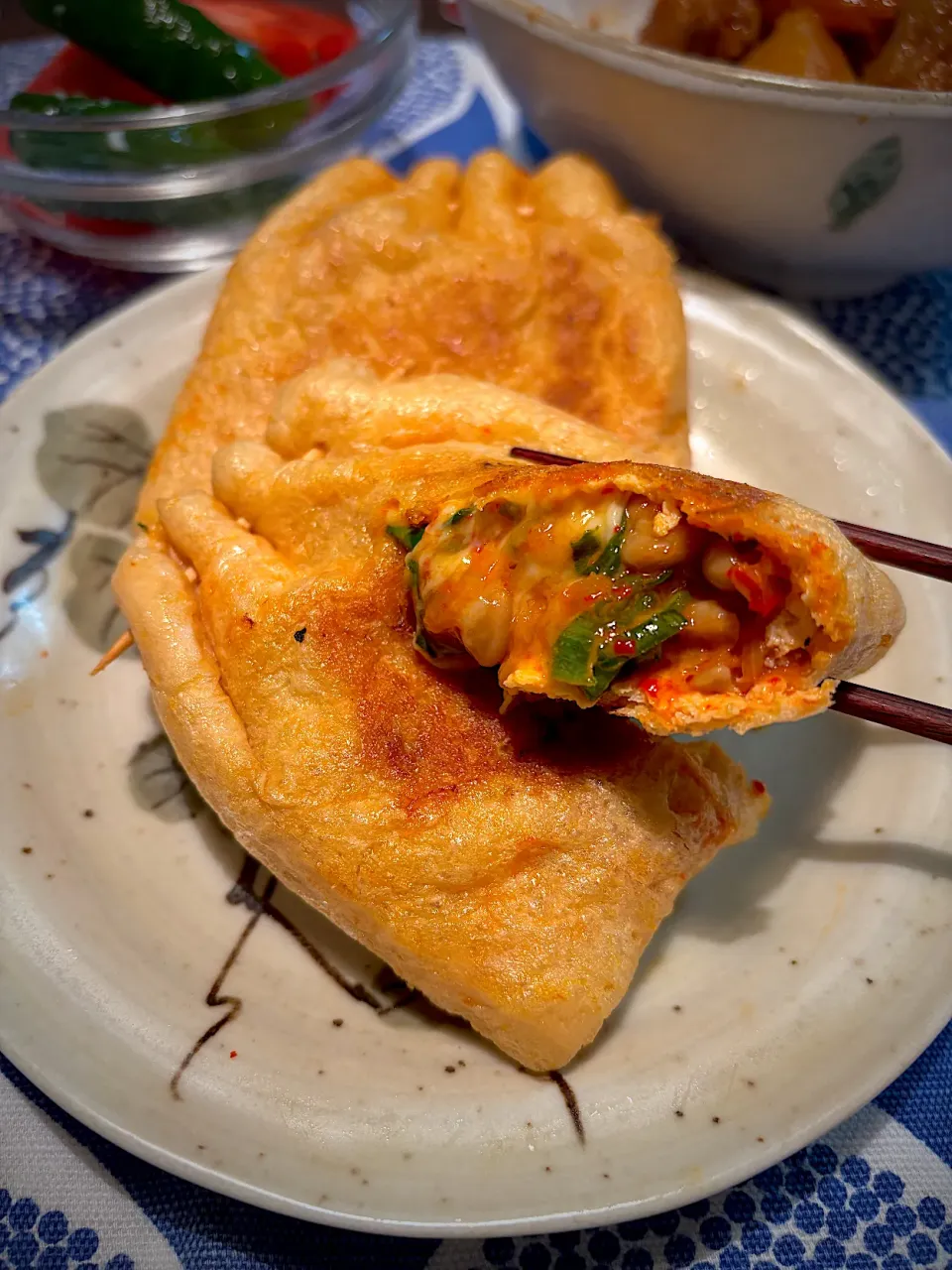 薄揚げきんちゃく　納豆チーズねぎキムチ|うさぎぱんさん