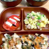 胸肉大葉チーズ焼き＆ポテサラ＆チートマ&なめこ味噌汁|なおさん