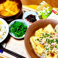 わさび風味こんぶ茶筍ごはんとカニカマ餡掛け揚げ出し豆腐|きいろさん