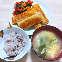 2025 0503　春巻き　若芽ひじきとカラーピーマンのナムル　卵わかめスープ|いもこ。さん