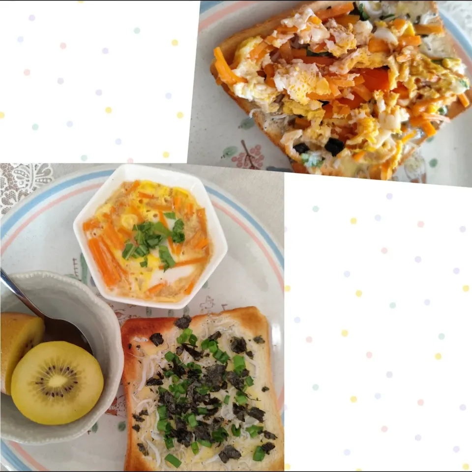 しらすネギ海苔とろけるスライスチーズトーストに人参卵レンチンのをのっけて!|m.rafuさん