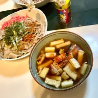 板そばの麺と手打ちした幅広麺で、焼いた鶏とネギとお揚げさんの入ったつけ蕎麦に|Takeshi  Nagakiさん