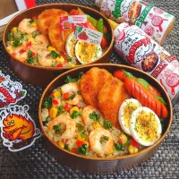 母とムスコのラブラブおソロ♪Yummyでウマっ!ガーリック海老ピラフ弁当