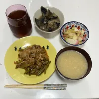作り置きとアルモンデ晩御飯☆揚げなすの煮浸し☆トンスーシャー（キャベツ・しめじ）☆yummyで野菜炒め（炒め野菜ミックス・かまぼこ）☆簡単ふかひれスープ
