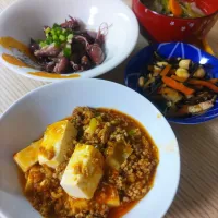 麻婆豆腐、ほたるいかの酢味噌和え、ひじき煮|ちゃいさん