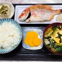 今日の朝ごはん（ごはんにキダイの塩焼（連子鯛の塩焼）、冷奴、小松菜とわかめと玉子のみそ汁、たくあん）|Mars＠釜飯作り研究中さん