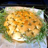 フォカッチャ焼けたよ〜ローズマリーノたっぷり　発毛促進😆