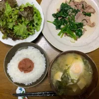 夕食　豚肉とほうれん草のガーリック炒め|ATさん