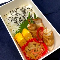 ごま塩ご飯、たまご焼き、水菜とエノキ人参の豚巻き、ミニトマト、きんぴらごぼう|きらきらさん