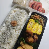 ☆高校生弁当☆もち麦入りごはん、シラス、梅、金平牛蒡、カニカマ卵焼き、甘辛チキン、厚揚げ、キウイ、お握り、キリスティック|ｼｮｺﾗさん