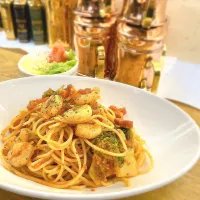【今月のパスタ】エビとブロッコリーのトマトソースパスタ|喫茶店TOPさん