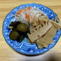 自作3種盛り。　なます。Qちゃん漬け。メンマ|料理好きなじいさまさん