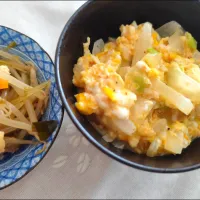 新玉ねぎ、ネギの卵とじ(ふりかけあかり、けずり粉味付け)|m.rafuさん