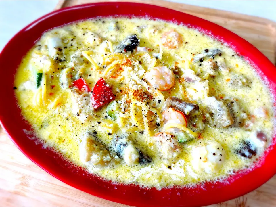 シーフードカルボナーラスープパスタ|shioshioさん