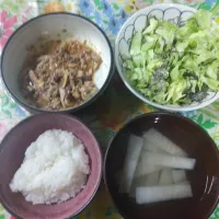 夕食です  鯖缶使用味噌煮、キャベツの塩昆布和え、大根すまし|はやとさん