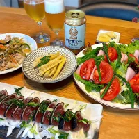 鰹のたたき　破竹の煮物　豚野菜炒め　サラダ| じゅんさんさん