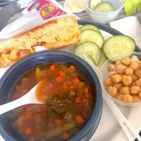 Vegetable lentil soup, grilled chicken salad melt on sourdough, side of garbanzos & cucumbers| 🌺IAnneさん