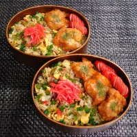母とムスコのラブラブおソロ♪高菜チャーハン＆スイチリマヨ唐揚げ弁当| からあげビールさん