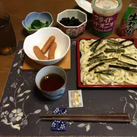 ざるうどん、ボイルド粗挽きウインナー、茹で小松菜、煮豆、六条麦茶(昼飯)|enarinさん
