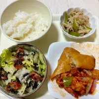 (5/14)晩ご飯　　　　　　　　　　　　　　　　野菜サラダ、酢豚、春巻き、もやし&ツナ&ピーマンの炒め物|Kahoさん