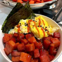 BentoFox's dish A bed of rice topped with fried Spam, an omelette, two sheets of Nori, and hot sauce 😋|BentoFoxさん