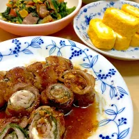 豚しそチーズ巻き＆ほうれん草コーンにんじん醤油バター＆卵焼き＆チートマ|なおさん
