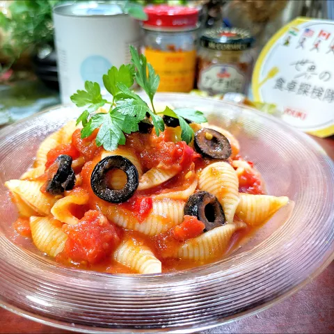 「赤唐がらしカット（酢漬）」を使ってみたSnapdishの料理・レシピ写真:🌏『世界の食卓探検隊』🇮🇹イタリア料理
【🇮🇹コンキリエのプッタネスカ】