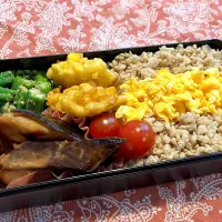 20255.16 息子弁当　◎二色丼　◎とうもろこし天　◎ぶりの照り焼き　◎オクラの胡麻和え|goroさん