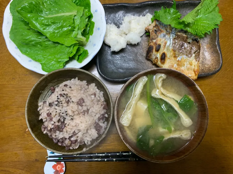 夕食　サバの塩焼き　小豆ご飯|ATさん