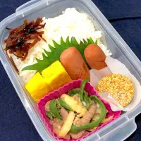 生姜昆布、たまご焼き、ウインナー、青椒肉絲、胡麻団子|きらきらさん