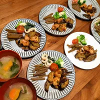 茄子と鶏ももの醤油炒め(Cook Do)　ふき煮　ほうれん草とちくわのマヨ和え|m aさん
