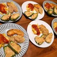 ピーマンのツナ豆腐詰め　魚肉ソーセージのカレー天　えのきスクランブルのチリソースがけ|m aさん