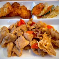 豚肉の甘辛炒めと白身魚フライ