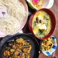 麻婆茄子、ニラささみ、卵スープ、そうめん|みーさん