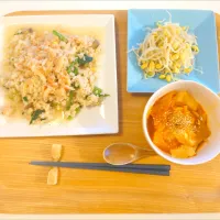 今日の夕食　蟹缶あんかけ炒飯、豆腐チョリム、もやしナムル|pinknari🐰🌈さん