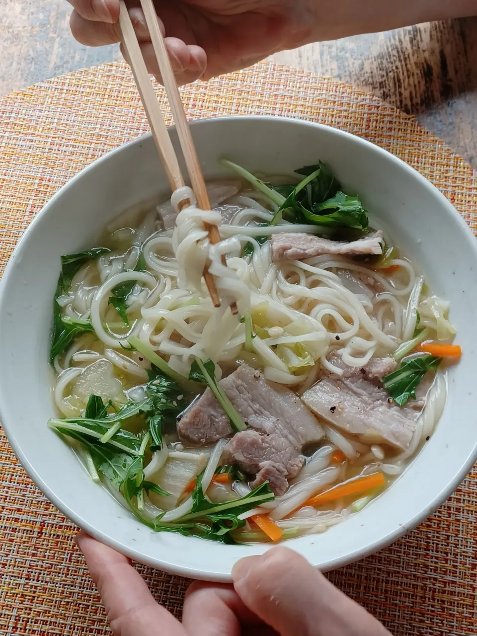 茹で塩豚のスープで氷見饂飩細麺を好きなようにして食べる|ぱいんてーるさん