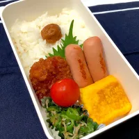 梅干しご飯、たまご焼き、ウインナー、ソースかつ、ピーマンとじゃこ炒め、ミニトマト|きらきらさん