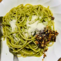 ”ジェノベーゼパスタ”+”発酵のちからサクサクしょうゆアーモンド トリュフ”@ 自宅飯|平大さん