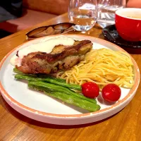 Grilled us chicken steak with yuzu yogurt with spaghetti|skyblueさん