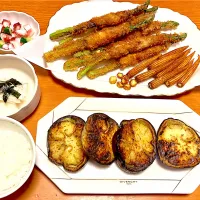 アスパラ肉巻きフライ&丸茄子焼き|マイさん