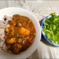 チキンカレー夜ごはん(新玉、しめじ、ピーマン、トマト、ブロッコリー入り)|m.rafuさん