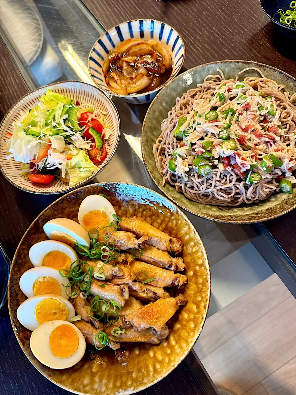 ○新玉ねぎの旨だれ浸し
○手羽中のさっぱり煮
○ゴーヤサラダ
○えのきとオクラの梅冷やし蕎麦|KAOSSANさん