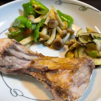 ピーマンカレー粉炒め 茄子浅漬け 鰤カマ塩焼き|DKさん