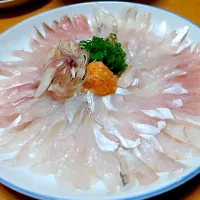 本めんぼ（カワハギ）の造り 今日はちっコイの3匹なので菊花盛りにしました 薬味はネギ、もみじおろし、みょうが ポン酢で|🐈⸒⸒⸒⸒つるのダンス🐈🐾さん