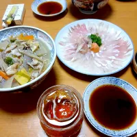 今宵はこんな感じ さつま汁（豚汁）、本めんぼ（カワハギ）の菊花盛り|🐈⸒⸒⸒⸒つるのダンス🐈🐾さん